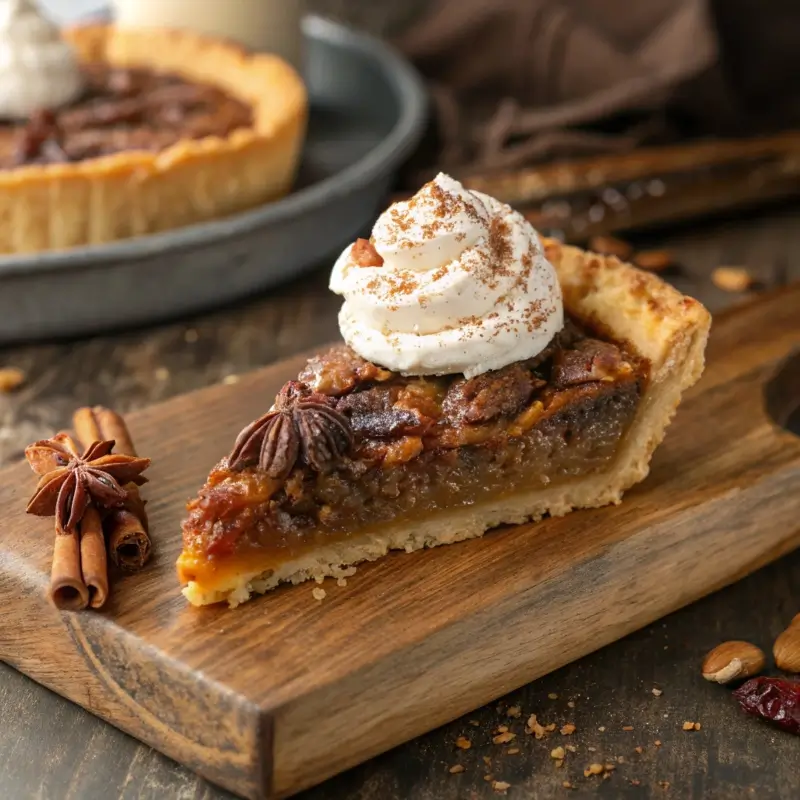 A slice of pecan pie with a golden flaky crust, gooey filling, and crunchy pecan topping on a white plate.