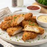 Crispy golden fried chicken tenders on a plate, garnished with fresh herbs and served with dipping sauces.