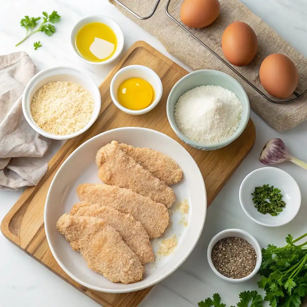 Breaded chicken tenders on a plate surrounded by ingredients like eggs, flour, cheese, and seasonings on a wooden cutting board.