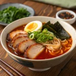 A steaming bowl of spicy miso ramen with caramelized chashu pork, soft-boiled egg, fresh green onions, nori seaweed, and tender noodles in a rich, deep red broth, served in a ceramic bowl on a wooden table.