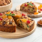 A beautifully baked fruitcake with a golden crust, topped with candied fruits, nuts, and fresh mint, served on a wooden platter with slices cut and ready to enjoy.