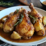 A plate of golden-brown glazed chicken drumsticks with roasted potatoes, garnished with fresh rosemary, served in a rich, flavorful sauce.