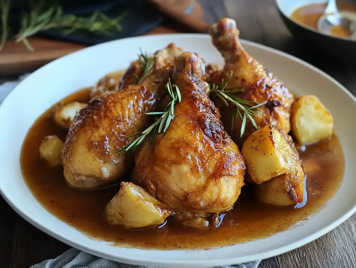 A plate of golden-brown glazed chicken drumsticks with roasted potatoes, garnished with fresh rosemary, served in a rich, flavorful sauce.