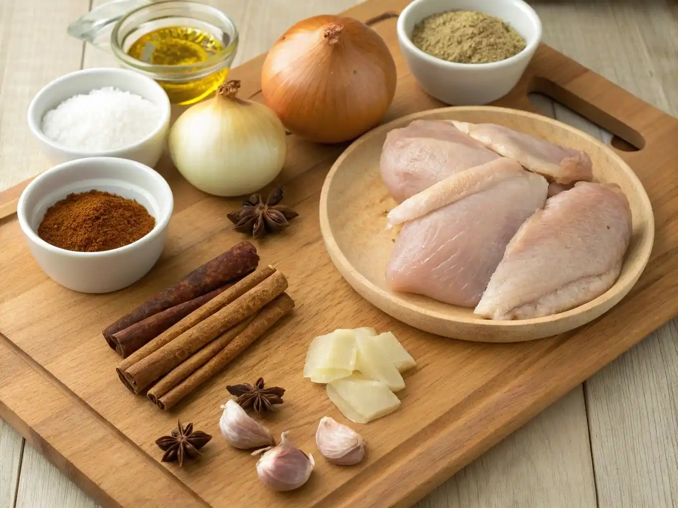 A wooden cutting board displaying raw chicken breast, cinnamon sticks, garlic cloves, onions, star anise, and various spices in small bowls, including salt, paprika, and ground coriander.