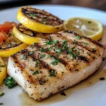 A grilled shark steak garnished with fresh herbs, served with grilled lemon slices and a wedge of fresh lemon on a white plate.