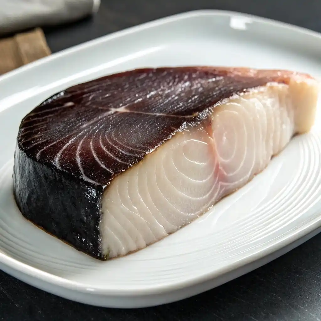 A fresh raw shark steak with dark skin and firm white flesh, placed on a white plate.